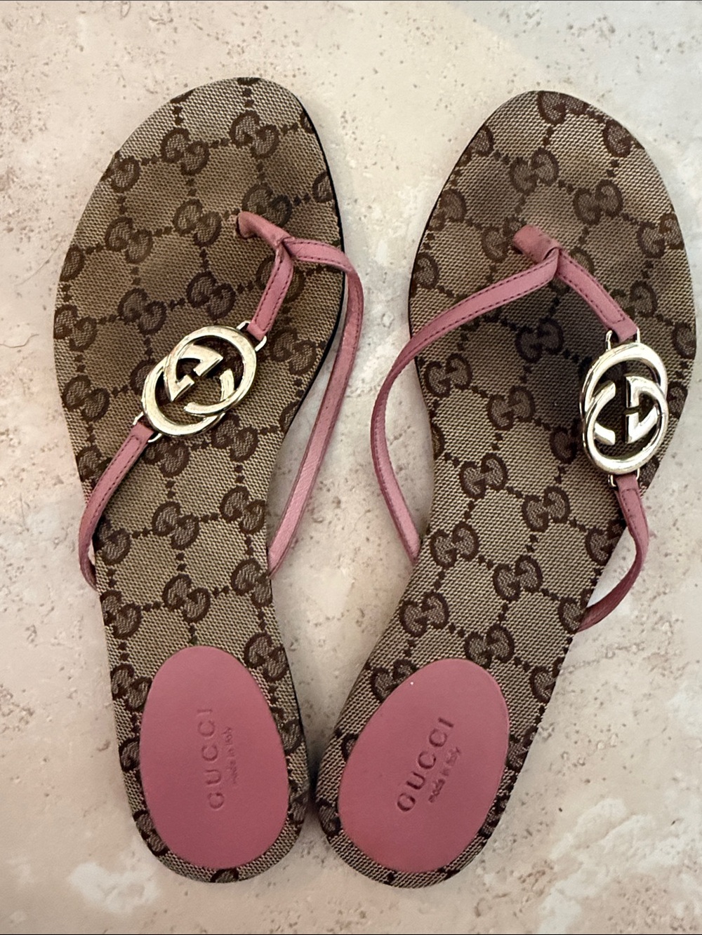 Gucci Brown GG Canvas Sandals with Pink Leather Straps and Gold Logo